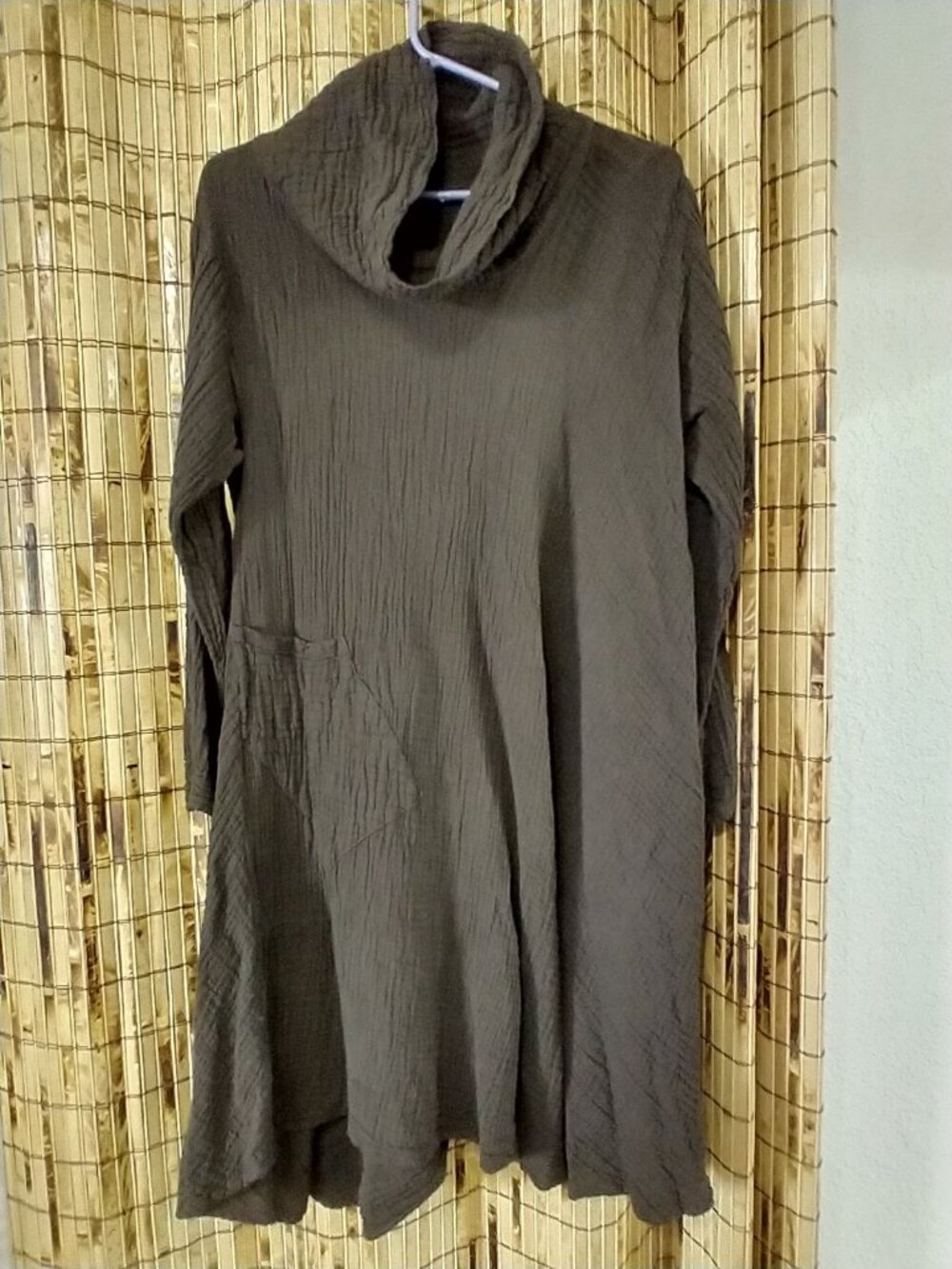 Brown Crinkle Gauze Cowl Neck Long Sleeve Pocket Tunic Dress Size L/XL